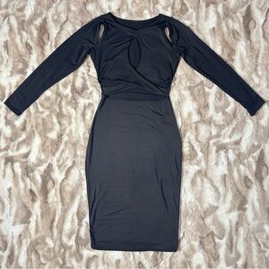 (CLEARANCE) iKrush Black Fern Cut-Out Long Sleeve Bodycon Midi Length Dress LBD